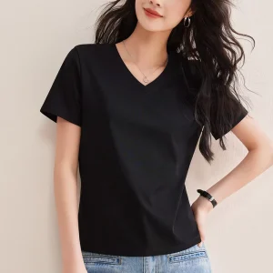 Mercerized Cotton Spandex Short sleeved V neck Slim Fit Antibacterial Women’s White Spring summer High end T shirt