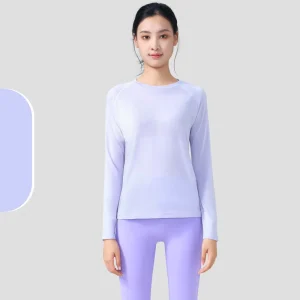 Merino Wool Crew Neck Gym Fitness Shirt Custom Front Logo Sports Top Breathable Soft Elastic Slimming Fit Long Sleeve Yoga Tops