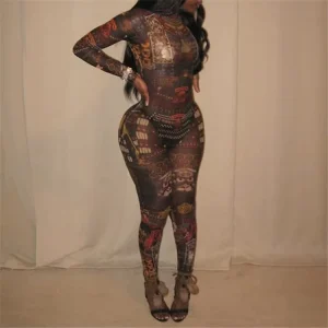 Mesh Printing Slim O-Neck Long Sleeve Jumpsuit Women See Through Skinny Overalls