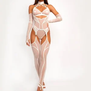 Mesh Transparent Lifting Neck Jumpsuit with Chiffon Long Skirt for Women’s Lingerie