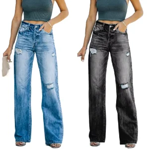 Mid Waist Women’s Plus Size Jeans Summer Fashion Washed Hole Straight Leg Pants