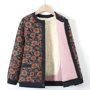 Middle-aged Elderly Women’s Winter Trench Coat Single Button Thick Silk Floss Filled Hooded Floral Pattern Casual 100% Polyester