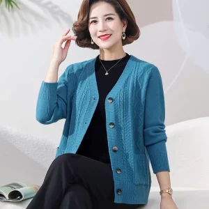 Middle aged and Elderly Women’s V neck Fancy Cable Knitted Cardigan Blouse Mother Loose Solid Color Sweater Coat grandma Suit