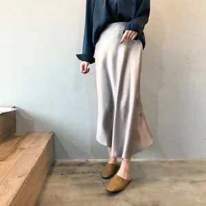 Midi Maxi High Waist Satin Skirt Women Elegant Silk A-Line Solid Vintage Ladies Summer Long Skirt