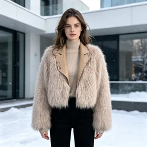 Milk Tea Colored Long Haired Faux Fur Coat High Waisted Loose Fitting Warm Women’s Coat Customizable
