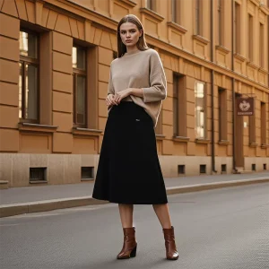 Minimalist Office Zip Pocket Thick Knit A Line Midi Women’s Skirt Urban Business Autumn Wear Ladies High Waist Flared Skirt