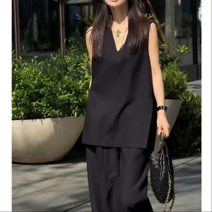 Minimalist Patchwork Sleeveless Vest And Wide-Leg Pants Two-Piece Summer Set For Women Loose Fit
