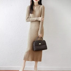 Minimalist Slim Fit Autumn Womens Mock Neck Knit Midi Dress Half Placket Ribbed Long Sleeve Bodycon Form Fitting Stretch Elegant