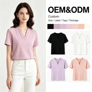 Minimalist Style Fade Resistant Heat Transfer Four Way Stretch Women’s Polyester V Neck Slim Fit Solid T Shirt New Arrival
