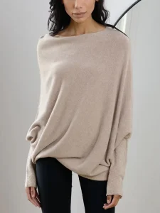Minimalist Womens Asymmetric Neck Dolman Sleeve Knit Sweater Draped Fit Soft Knit Long Sleeve Casual Knitwear for Fall Winter