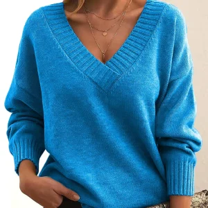 Minimalist Womens Solid Color V Neck Knit Pullover Loose Fit Drop Shoulder Long Sleeve Ribbed Cuffs Sweater Soft Knitwear Autumn