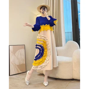 Miyake Explosions Design Women’s Eco Friendly Vintage Casual Midi Long Sleeve Pleated Dress