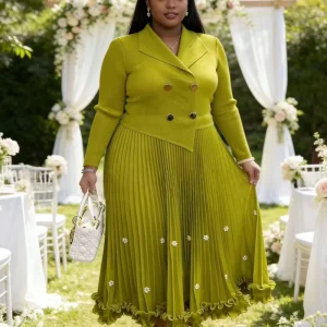 Miyake Pleated Plus Size Women’s Dress African Elegant Fashion Long Sleeve Waist Breathable Chiffon Casual Style Party Dress