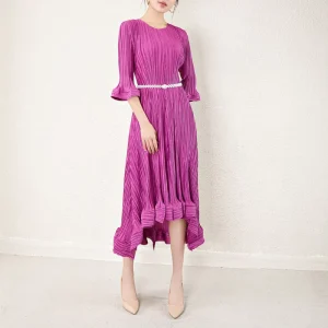 Miyake Pleated Ruffled Large Size Women’s Casual Dress Elastic Waist Elegant Pleated Dress