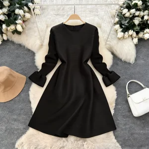 Miyake Women’s Elegant Casual Pleated Dress Neck Long Sleeve Anti-Wrinkle Floor-Length Party Clothes Woven Weaving Method