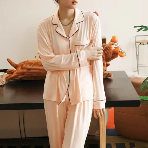 Modal Knitted Fabric Summer Lounge Sets for Women Short Sleeve Tops and Long Pants Front Logo Soft Pajamas Set