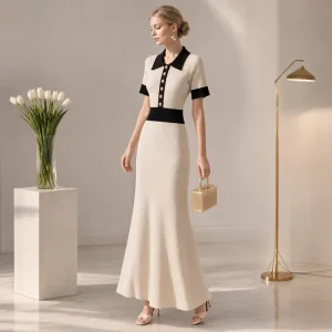 Modern Preppy Contrast Collar Women’s Knitted Maxi Dress Cream Ribbed Gold Button A-Line