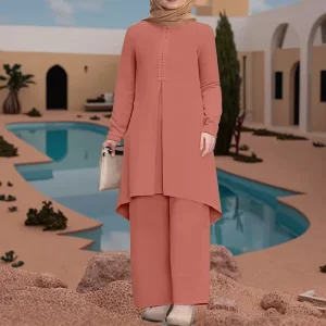 Modest Muslim Clothes Arabic Women’s Classy Two Piece Outfit Elegant Solid Round Neck Lace Long Shirt Wide Leg Pant Suits