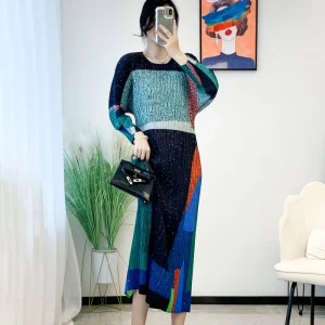 Modest Pleated Dress Women’s Printed Lantern Sleeves Loose Large Size Pleated Casual Dress for Women