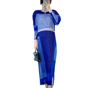 Modest Pleated Dress Women’s Printed Lantern Sleeves Loose Large Size Pleated Casual Women Dress