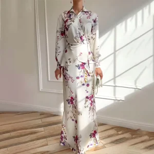 Modest Style Muslim Women’s Handmade Satin Dresses Elegant Long Skirt Blouse Coord Set
