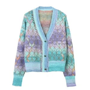 Mohair Lurex Argyle Jacquard Knit Cardigan Women’s Sweater with Beading and Rhinestones