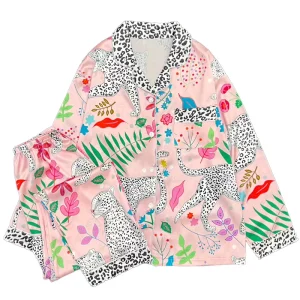 Money Leopard Fashion Hot New Europe and the United States Women’s Home Wear Leopard Splicing Lapel Senior Sense of Sleepwear