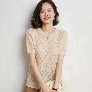 Mongolia Thin Cashmere Sweater Hollow Out Worsted Cashmere Sweater Crew Neck Cashmere Short Sleeve Sweater