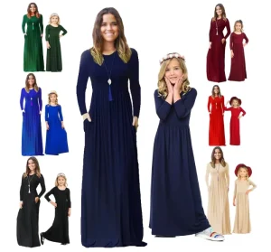 Mother Daughter Dresses For Family Matching Women & Girls Breathable Cotton Spandex Loose Plain Maxi Casual Dresses With Pockets