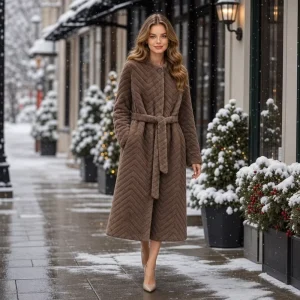 Multi Color Chevron Quilted Faux Mink Fur Belted Long Coat Women’s Eco Friendly Fur Outerwear