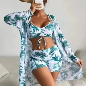Multi-Color Mesh Cover up Bikini Swimsuit Top Bottoms Three-Piece Set Women’s Swimwear
