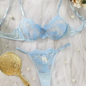 Multi Color Sexy Embroidered Perspective Mesh Lace Decoration Gathering Fun Underwear Set Adjustable Strap Thong Breathable