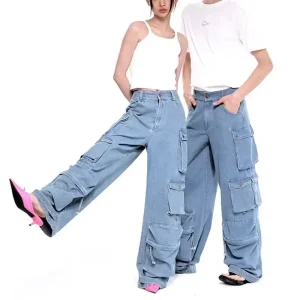 Multi Pocket Wide Leg Jeans High Waist Women Baggy Jeans Loose Fit Cargo Light Wash Denim Jeans OEM