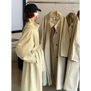 Muslim Women’s Casual Loose Trench Coat Autumn Winter Solid Color Stand Collar Belted Overcoats For Woman