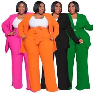 N7904 Plus Size Women’s Clothing Ladies Office Wear Outfits Long Sleeve Blazer and Tie up Pants Suits Set for Women