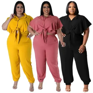 N7984 Plus Size Women’s Sets Lace Up Short Sleeve Shirt Tops and Pants Set Two Pieces Set Women Clothing Summer Outfit for Women