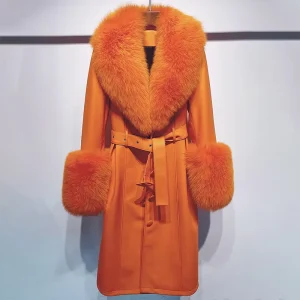 NAFA Luxury Fox Fur Trimmed Women Leather Jacket Winter and Fall Long Coat