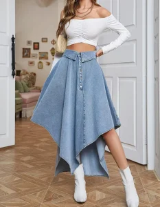 Natural Denim Skirt for Women’s Summer Mid-Calf Natural Waist A-line Retro Irregular Fishtail Sexy Club Tassel Pleated