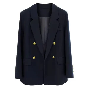 Navy Blue Casual Breathable Hand Embroidery Button Small Viscose Polyester Double Breasted Women’s Blazer
