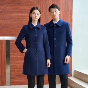 Navy Blue Professional Woolen Coat Men’s and Women’s Long Waist closing Tooling Business Long sleeved Woolen Coat