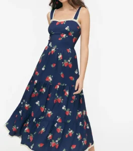Navy Blue Strawberry Print Tiered Midi Dress Women’s Square Neck Spaghetti Strap Lace Trim Summer Casual Sundress