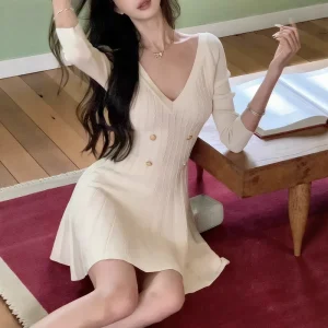Navy Blue V-neck Knitted Empire Waist Autumn Vintage Leisure Women’s Long-sleeved Short A-line Dress