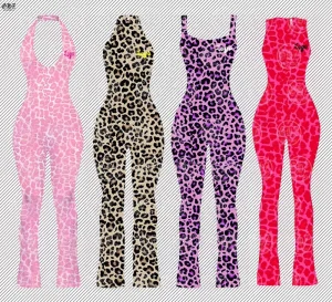 New Arrival Custom LOGO Bodycon One Piece Yoga Fitness Rompers Flare Leg Women’s Print Leopard Jumpsuit