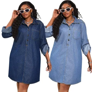 New Arrival Custom Women’s Plus Size Strapless Dresses Casual Denim Shirt Loose Silhouette Floral Print Button Natural