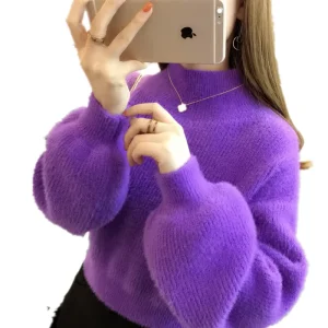 New Arrival Fashion Women Middle High Neck Batwing Sleeve Super Soft Mohair Pullover Sweater