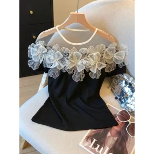 New Arrival French Style Elegant Mesh Patchwork 3D Flower Off Shoulder Sexy Slim Fit Chic Summer Women’s T Shirts