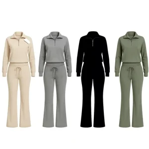 New Arrival Loungewear Women’s 2 Piece Tracksuit Set Casual Sweater Outfit Pants Set Zipper Fitness Hoodie With Wide Leg Pants