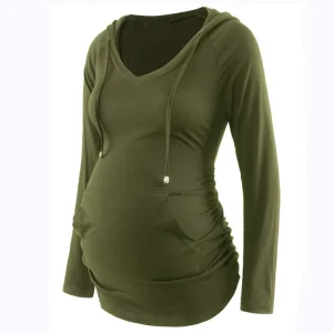 New Arrival OEM Cotton Women Maternity Hoodie Dress Solid Color Long Sleeve V neck Casual Breathable Plus Size Women’s Clothing