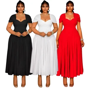 New Arrival Plus Size Women’s Boat Neck Short Sleeve Casual Fit Flare Mid Calf Dress Front Logo for Party Wedding Guest