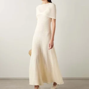 New Arrival Summer Fashion Women’s Hollow Crew Neck Short Sleeve Sheath Natural Waist Knitted Maxi Two piece Beach Dress
